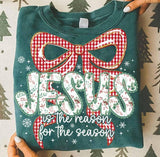 Floral Jesus is the Reason for The Season with Checkered Red Bow T-Shirt and Sweatshirt