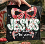 Floral Jesus is the Reason for The Season with Checkered Red Bow T-Shirt and Sweatshirt