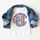 Red, White and Blue Pastel Floral Monogram Short Sleeve T-Shirt