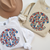 Red, White and Blue Pastel Floral Monogram Short Sleeve T-Shirt