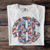 Red, White and Blue Pastel Floral Monogram Short Sleeve T-Shirt