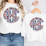 Red, White and Blue Pastel Floral Monogram Short Sleeve T-Shirt