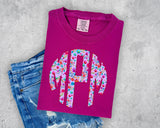 Purple Faux Stitch Floral Monogram Short Sleeve T-Shirt