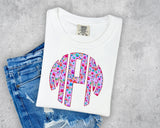 Purple Faux Stitch Floral Monogram Short Sleeve T-Shirt