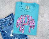 Purple Faux Stitch Floral Monogram Short Sleeve T-Shirt