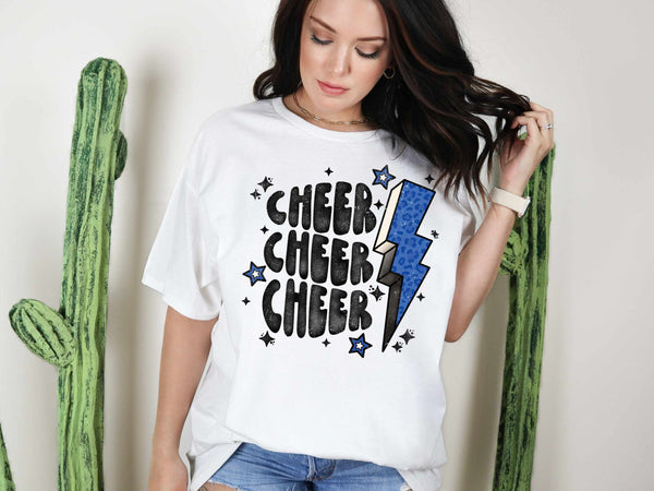 Blue Leopard Lightening Bolt Stacked Cheer T-Shirt 183A