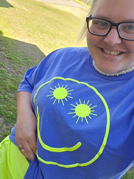 Neon Yellow Sunshine Smiley on Comfort Color Flo Blue T-Shirt