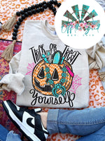 Trick or Treat Yourself Turquoise Pumpkin (Black Letters) T-Shirt and Sweatshirt