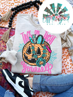 Trick or Treat Yourself Turquoise Pumpkin (Pink Letters) T-Shirt and Sweatshirt