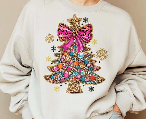 Faux Rhinestone Christmas Tree with Pink Leopard Bow T-Shirt and Sweatshirt