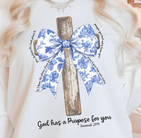 God has a Purpose Blue Bow on Cross T-Shirt and Sweatshirt