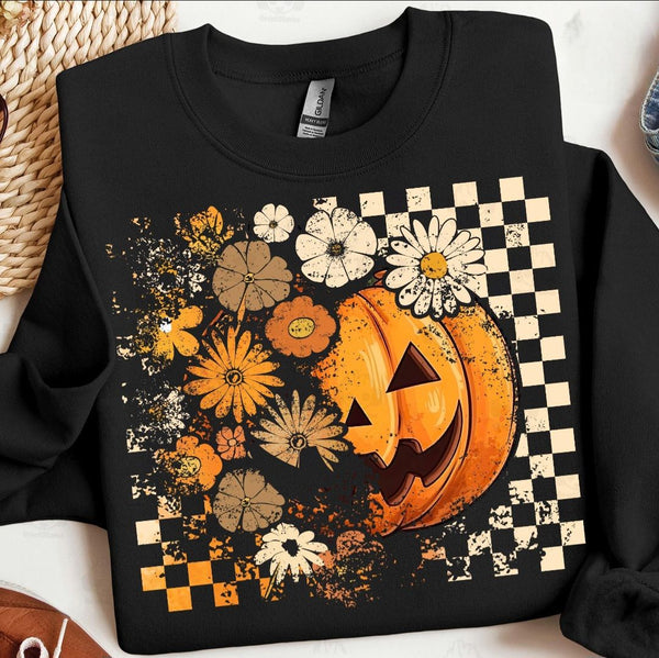 Checkered Floral Pumpkin T-Shirt and Sweatshirt