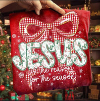 Floral Jesus is the Reason for The Season with Checkered Red Bow T-Shirt and Sweatshirt