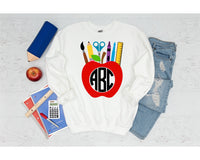 Custom Monogram Teacher Apple with Supplies T-Shirt and Sweatshirt