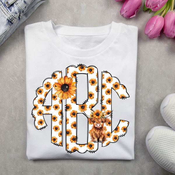 Highland Cows and Sunflowers Monogram Short Sleeve T-Shirt