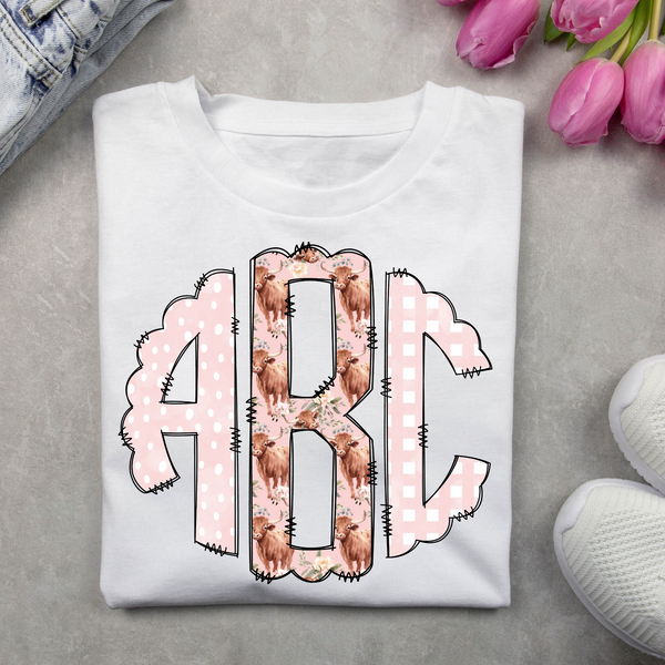 Pink Watercolor Highland Cow Floral Monogrammed T-Shirt and Sweatshirt