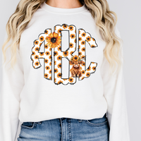 Highland Cows and Sunflowers Monogram Short Sleeve T-Shirt