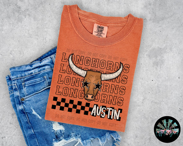 Checkered Austin Texas Longhorns with Checkered Eyes PNG Digital Design