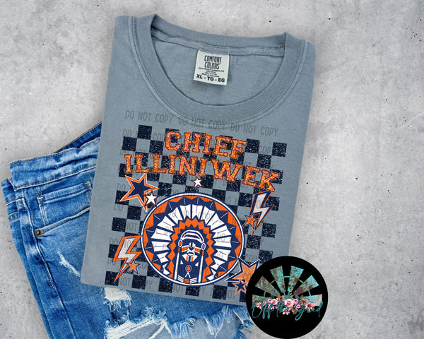 Checkered Faux Glitter Uni of IL Chief Illiniwek PNG Digital Design
