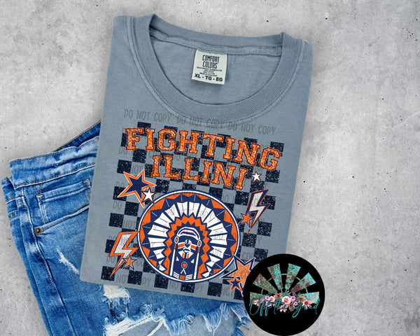 Checkered Faux Glitter Fighting Illini with Chief PNG Digital Design