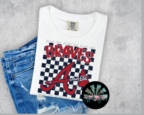Checkered Faux Glitter ATL Braves with Light Blue PNG Digital Design