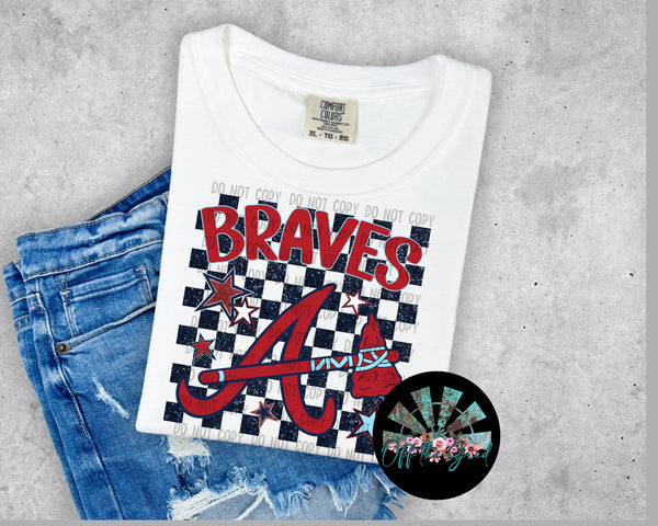Checkered Faux Glitter ATL Braves with Light Blue with Stars PNG Digital Design