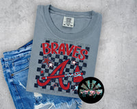 Checkered Faux Glitter ATL Braves with Light Blue with Stars PNG Digital Design