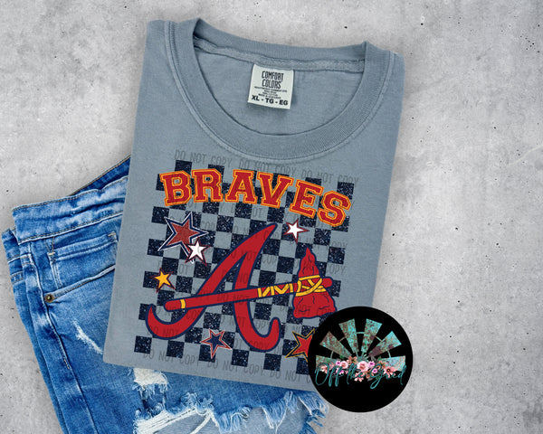 Checkered Faux Glitter ATL Braves Varsity Font with Stars PNG Digital Design