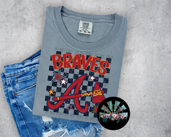 Checkered Faux Glitter ATL Braves Retro Font with Stars PNG Digital Design