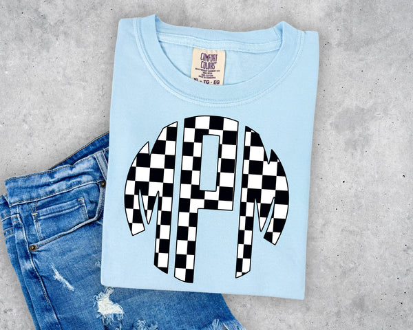 Black and White Checkered Monogram Short Sleeve T-Shirt