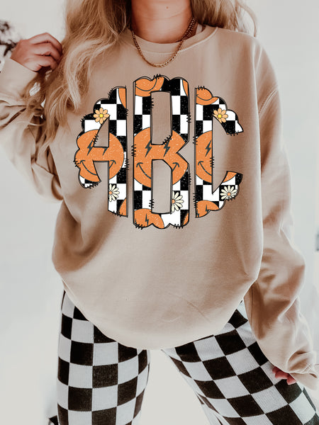 Checkered Orange Smiley Face Scalloped Monogram Short Sleeve T-Shirt