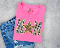 Checkered and Leopard Star MOM Short Sleeve T-Shirt