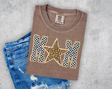 Checkered and Leopard Star MOM Short Sleeve T-Shirt