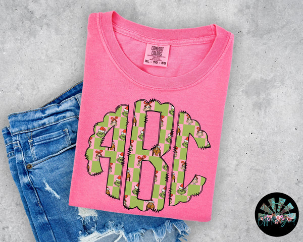 Christmas Green and Pink Checkered Green Man and Cindy Lou Monogrammed T-Shirt and Sweatshirt