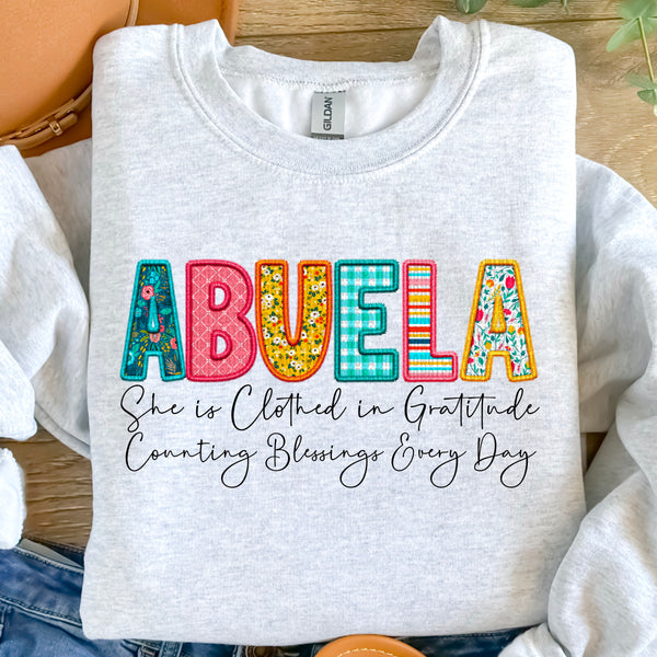 Faux Embroidery Names "She is Clothed in Gratitude Counting Blessings Every Day" T-Shirt