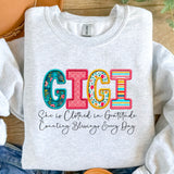 Faux Embroidery Names "She is Clothed in Gratitude Counting Blessings Every Day" T-Shirt