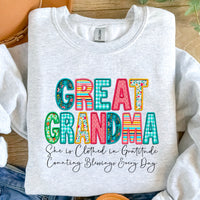 Faux Embroidery Names "She is Clothed in Gratitude Counting Blessings Every Day" T-Shirt