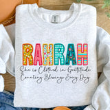 Faux Embroidery Names "She is Clothed in Gratitude Counting Blessings Every Day" T-Shirt