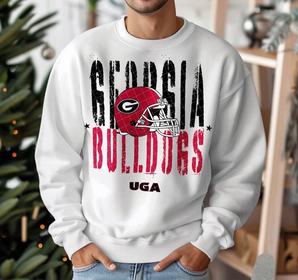 Distressed Georgia Bulldogs with Helmet T-Shirt and Sweatshirt