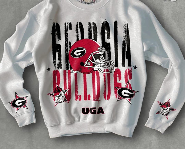 Distressed Georgia Bulldogs with Helmet with Old Dawg T-Shirt and Sweatshirt