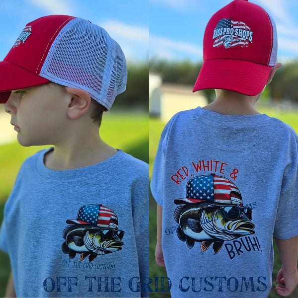 Kids Red, White & Bruh Bass on Sport Grey Short Sleeve T-Shirt