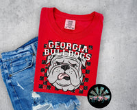 KIDS Faux Glitter Georgia Bulldogs Black Checkered Red Stars on Red Short Sleeve T-Shirt