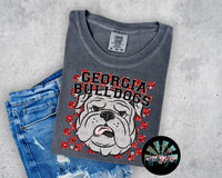 KIDS Faux Glitter Georgia Bulldogs Red Checkered Silver Stars on Dark Grey Short Sleeve T-Shirt