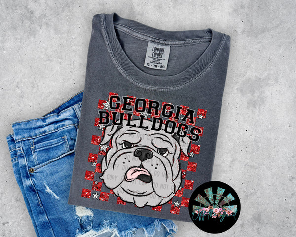 Faux Glitter Georgia Bulldogs Red Checkered Silver Stars on Dark Grey Short Sleeve T-Shirt