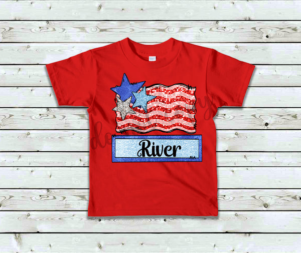 Glitter Flag with Name Patch T-Shirt