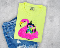 Faux Glitter Flamingo with Cup T-Shirt