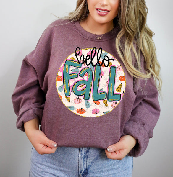 Hello Fall Circle with Pumpkins T-Shirt and Sweatshirt