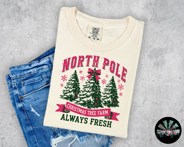 Pink & Green North Pole Christmas Tree Farm T-Shirt and Sweatshirt