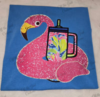 Faux Glitter Flamingo with Cup T-Shirt