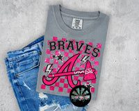 Checkered Faux Glitter Preppy Hot Pink ATL Braves with Stars and Lightening Bolts PNG Digital Design